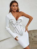 Zjkrl - 2023 Fall New Women's Diamond Beaded Mini Skinny Sexy V-neck Single Sleeve Bandage Dress Celebrity Runway Party Dress