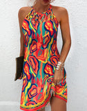 Zjkrl - Fashion Women's Straight Dress 2023 Summer Vacation New Multicolor Abstract Print Hollow Casual Mini Sleeveless Dress Female
