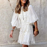 Zjkrl - Elegant Bubble Sleeve o Neck Button Mini Dress Women Fashion White Lace Patchwork Holiday Dress Ladies Causal Slim Office Dress