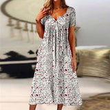 Vintage A Line Dress Women Fashion Short Sleeve Floral Print Sundress Button V Neck Pocket Party Dresses Summer Vestidos