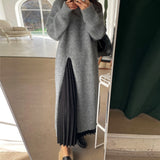 Retro Split Woolen Dress Women Sexy Autumn  White Solid O-neck Soft Long Knitted Dresses Women Clothing Winter Knitwear Chic