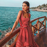 Zjkrl Women Dress Striped 2024 summer beach dress Bohemia Dress Sexy Long Maxi Dresses Bow Lace Up Ruffles Long Summer Dress