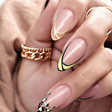 Zjkrl - 24Pcs Oval Head False Nails Shiny Golden Almond Artificial Fake Nails With Glue Full Cover Nail Tips Press On Nails DIY Manicure