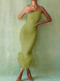 Zjkrl Mozision Elegant One Shoulder Feather Bottom Midi Dress For Women Robe Summer New Sleeveless Bodycon Long Dress Clubwear