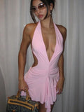 Zjkrl 2023 Summer Deep V Neck Halter Neck Dresses Bandage Backless Mini Ruched Sexy Bodycon Dresses Beach Holiday Clothes