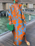 Zjkrl Women Elegant V Neck Loose Party Dress Lady Retro Printing Long Sleeve Holiday Dress Autumn Casual Femme Dress Streetwear