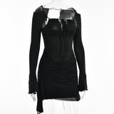 Zjkrl - Hollow Out Spaghetti Strap Dresses Women Sexy High Waist Long Sleeve Party Outfits Solid Backless Black Fishbone Dress