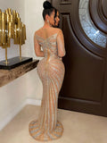 Zjkrl Sexy Rhinestones Floor-length Evening Dresses Luxury Elegant Women's O-neck Long Sleeve See-through Mesh Night Club Long Dress