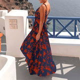 Summer Vintage Floral Print V-Neck Spaghetti Strap Dress Sexy Loose Sleeveless Tank Long Dress Bohemian Swing Women Beach Dress