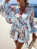Sexy V-Neck Long Sleeve Top & Elastic Waist Short Floral Print Beach Outfit Fashion Lace Up Loose Chiffon Set Women Elegant Suit