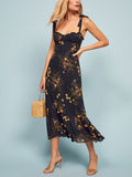 Zjkrl - Dresses For Women 2023 Elegant Vintage Floral Dress Frill Sweetheart Neck Sleeveless Strap Tie Ruffle Hem Summer Beach Dress