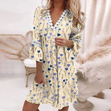 Zjkrl Vintage Print Trumpet Sleeve Boho Beach Dress Women Fashion Lace Patchwork V-Neck Party Dresses Lady Loose A-Line Dress Vestidos