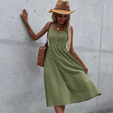 Syiwidii Spaghetti Strap Dresses Women Cotton and Linen Button Casual Summer Birthday Dress for Women Solid Elegant Pullover Y2k