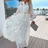 Zjkrl - Elegant Stand Collar Button Shirt Dress Sexy Lace Embroidery Stitch Long Dress Lady Casual Long Sleeve Hollow Solid Party Dress
