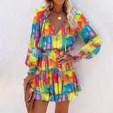 Zjkrl - Fashion Vintage Colorful Floral Print Party Dress Women Spring Summer Elegant V-Neck Drawstring Ruffle Mini Dresses Casual Dress