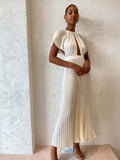 Zjkrl - 2023 Elegant Hollow Out Pleated Dress For Women Fashion Sexy Flare Sleeve Backless A Line Dresses O Neck Office Lady Solid Robe