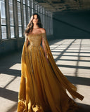Zjkrl Elegant Ginger Yellow Sequined A-line Chiffon Evening Dresses With Long Split Batwing Sleeve Boat Neck Long Evening Gowns