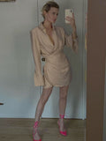 Zjkrl - Elegant Black Padded Shoulder Shirt Dresses for Women Long Sleeve Fashion Sexy Ruched Casual Evening Party Mini Dress White