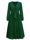 Zjkrl - Dress for Women Solid Color V Neck Long Sleeve Slim-fitting Pleated Dress Spring Summer Temperament Elegant Evening Party Skirts