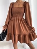 Women Elasticity Dress Ruffle High Waist Tight A-line Dress Pullover Square Collar Long Sleeve Ruffled Dresses