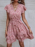 Zjkrl Women's Temperament Street Foreign Trade Dress Waist V-neck Small Floral Long Dress Spring And Summer New