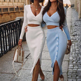 Zjkrl Sexy Wrap Knit Suit V-Neck Long-Sleeve Crop Top + Button Slit Midi Skirt Elegant Outfits Socialite Casual Women Two Piece Sets
