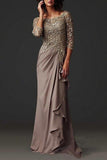 Zjkrl Brown Mother Of The Bride Dresses O-Neck 3/4 Sleeves Pleat Chiffon Appliqued Lace Formal Party Groom Mother Evening Gowns