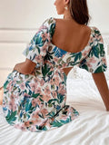 Zjkrl Fashion Hollow Puff Sleeve Slim Party Dress Summer Picnic A-Line Casual Dress Women Elegant Square Neck Floral Print Mini Dress