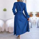 Zjkrl - F 2023 New Women Spring Summer Temperament Cross Solid Color V Neck Large Hem Pleated Long Dress For Fashion