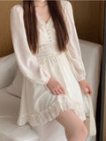 Zjkrl - French Elegant Mini Dress Women Solid Basic Sweet Vintage Chiffon Dress Office Lady One Piece Dress Korean Solid 2023 Spring