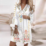 Zjkrl Vintage Print Trumpet Sleeve Boho Beach Dress Women Fashion Lace Patchwork V-Neck Party Dresses Lady Loose A-Line Dress Vestidos