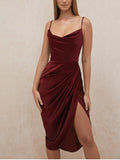 Midi Satin Dress Split Adjustable Strap Ruched Cowl Neck Asymmetrical Zipper Party Dress Elegant Sexy Woman Dresses