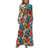 Zjkrl - Cute Cats Print Dress Funny Animal Elegant Printed Maxi Dress High Waist Long-Sleeve Street Fashion Bohemia Long Dresses