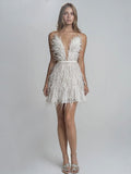 Zjkrl Sexy Feather Spaghetti Strap Dress Women Summer Deep V-Neck Female Mini Dresses Fashion Evening Party Club Elegant Lady Dresses