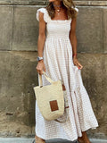 Zjkrl - 2023 New Summer Ruffle Sleeve Long Dress Retro Plaid Printed Beach Maxi Dress Women Sexy Square Neck Loose Hem A-Line Dress