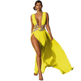 Zjkrl Women Evening Party Dress Vestidos Long Maxi Dress Sexy Summer Deep V Neck Backless Dress High Slit Fashion Festival
