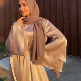 Soft Solid Muslim Dress O Neck Waist Women Ankle Length Fashion Dress Solid Long Satin Ramadan Muslim Clothes Long Sleeve Dress