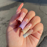 Zjkrl - 24Pcs Full Cover False Nails Red Rhinestone Planet Long Ballerina Coffin Nail Tips Detachable Fake Nails Press on Nails Manicure