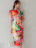 Zjkrl - Elegant Office Women Dress Vintage Floral O-Neck Short Sleeve Slit Slim Midi Club Robe Femme Ladies Vestidos Ropa Mujer Verano