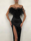 Zjkrl Luxury Feathers Dress Women Sleeveless Spaghetti Strap High Waist Bodycon Slit Mid-calf Wedding Birthday Party Evening Dresses