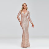 New Women Elegant V-neck Mermaid Evening Dress Floor Length Formal Prom Party Gown Sequins Long Sleeve Galadress Vestidos