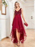 Zjkrl - Elegant V-Neck Sleeveless Sequin Floor Length Evening Dress Red Prom Party Luxury Cocktail Dress Robe For Women