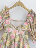 Zjkrl Summer Women Rose Floral Print Dress Sexy Backless Puff Sleeve Ladies Holiday Party Mini Dresses