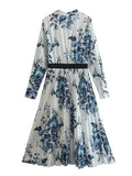 New 2023 Women Vintage Floral Print Pleated Dress Bow Tie Collar Long Sleeve Female Spring Dresses Midi Vestido