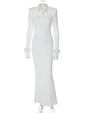 Zjkrl - Fashion Elegant Polo Collar Feathers Long Sleeve Long Dress White Streetwear Autumn Winter Bodycon Wedding Party Evening Dresses