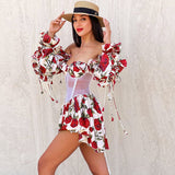 Zjkrl - 2023 Dress Women Patchwork Ruffle Long Sleeve Mini Holiday Sexy Outfits Print Mesh Off Shoulder Sweet Tie Up See Through Y2k New