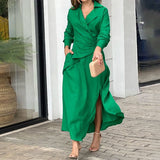 Zjkrl Women Maxi Dress Fashion Elegant Long Sleeve Lapel V Neck Pleated Solid Single Slit With Pockets Beach Party Dresses