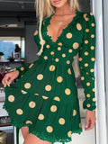 Zjkrl Polka Dot Print Lace Trim Ruched Dress Women Sexy Plunge Long Sleeve Flared Mini Dress