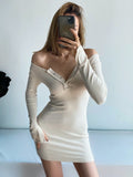 Zjkrl - Women Fashion Slim-fit Solid Mini Dress Vintage O-Neck Long Sleeves Single Breasted Female Chic Lady Dresses