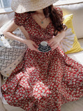 Vintage Print Puff Sleeve Summer Beach Sweet Dresses Casual V-neck Floral Long Dress Boho Party Beach 2023